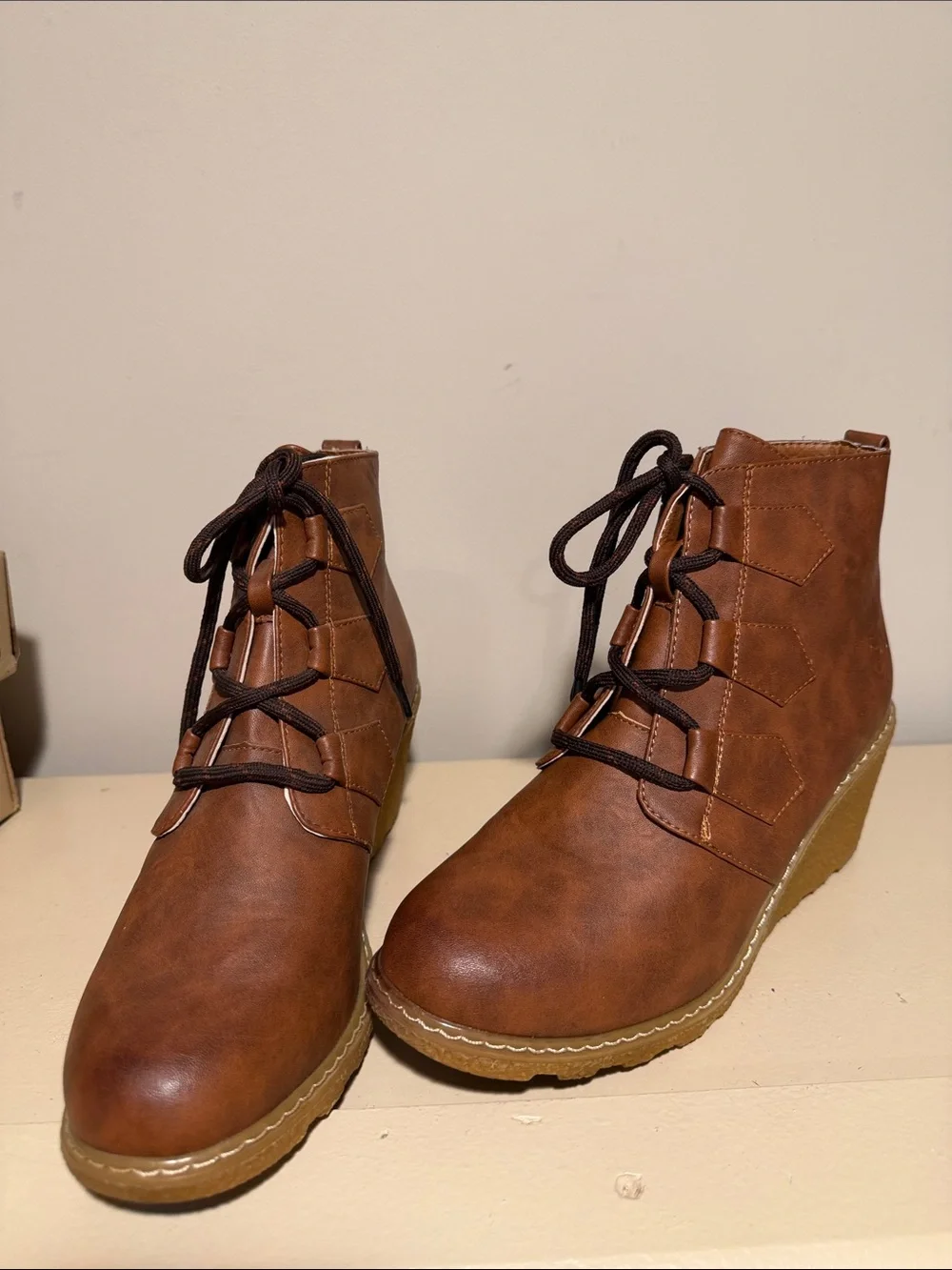Brown Wedge Lace-Up Ankle Boots